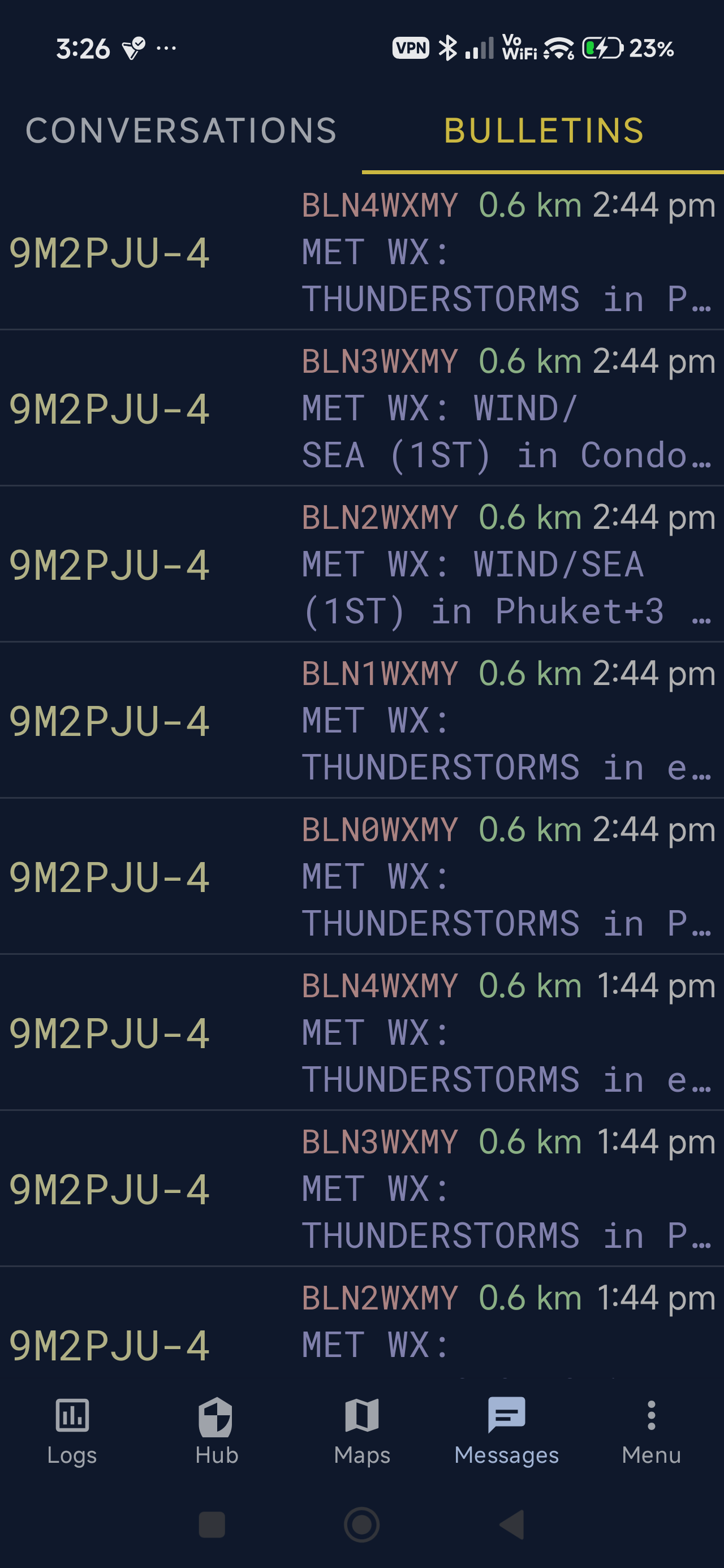 Bulletins screen