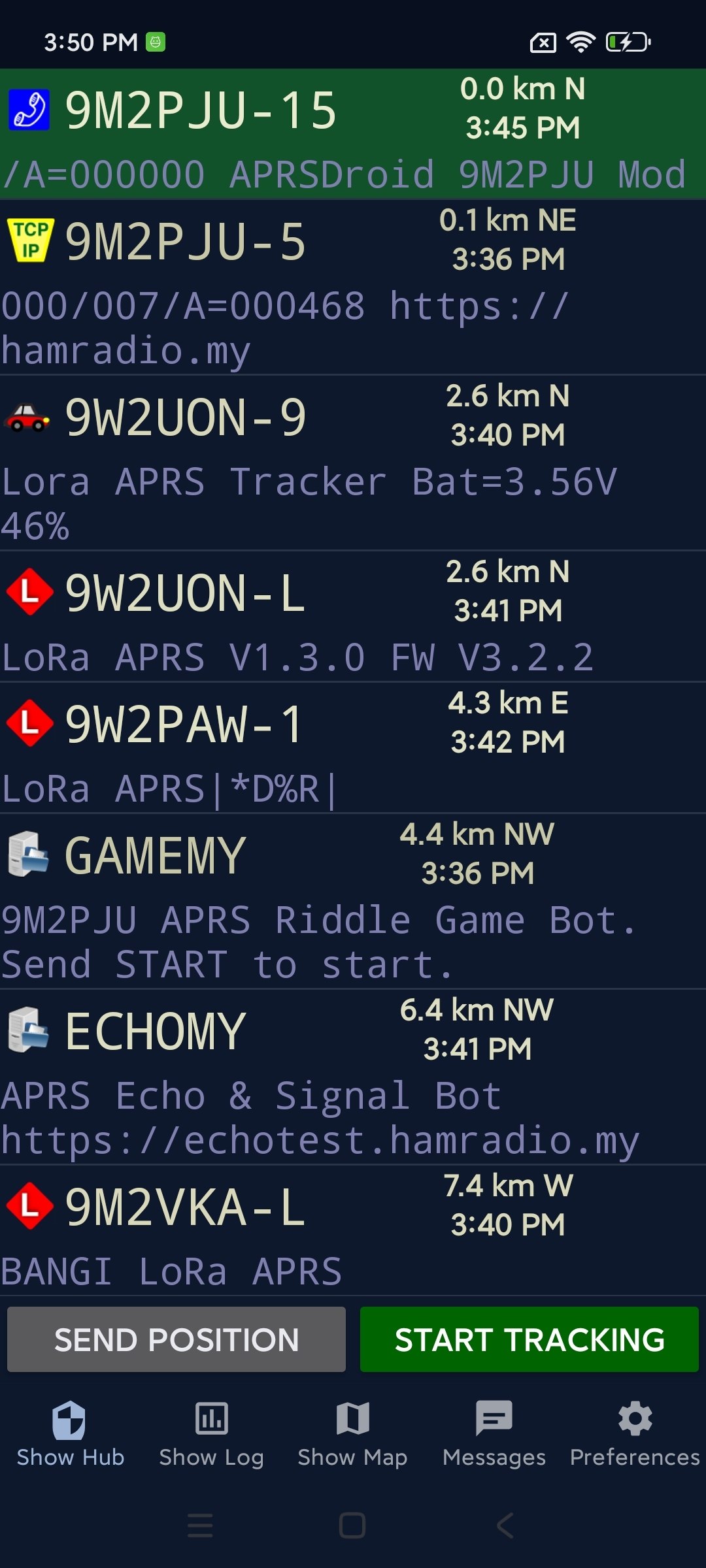APRSdroid 9M2PJU Mod Hub screen showing nearby stations sortable by distance or newest