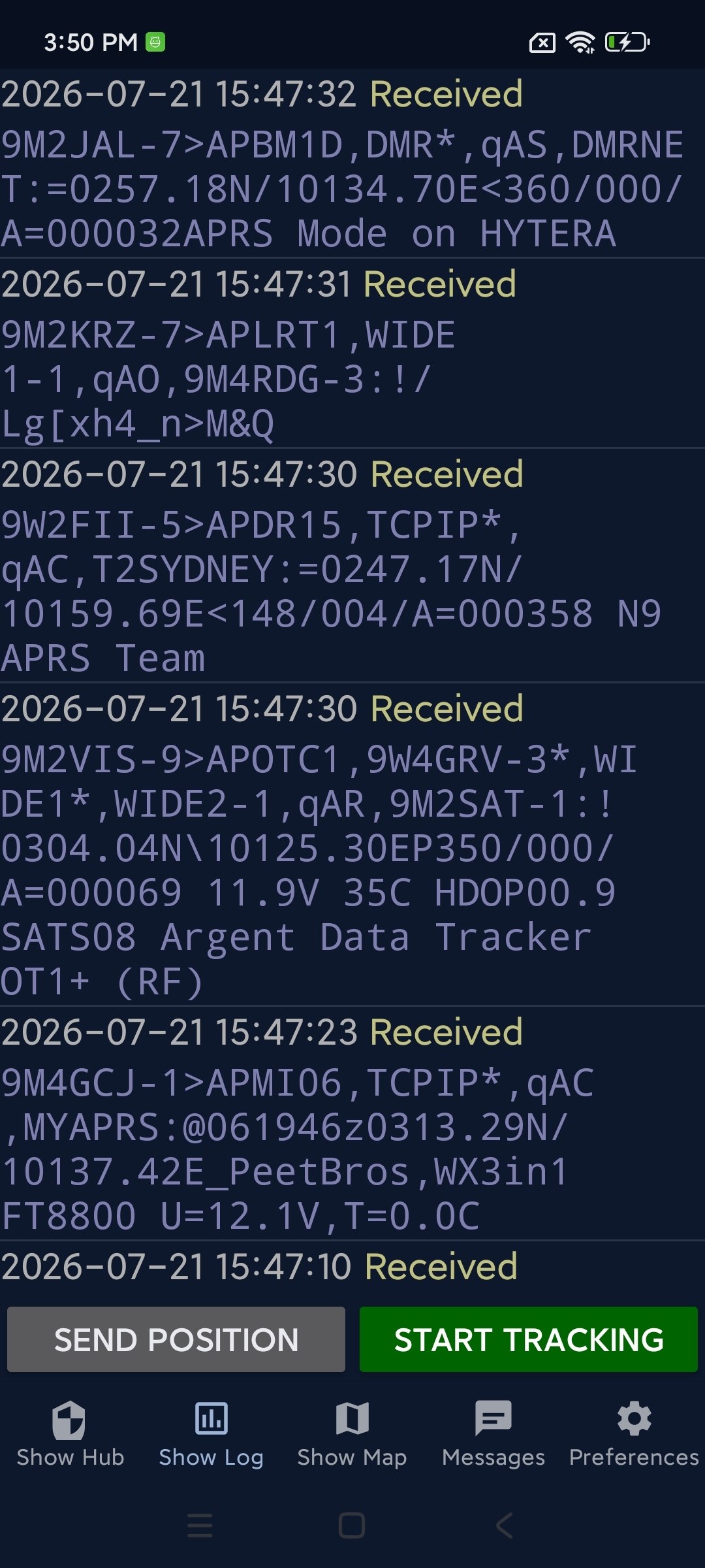 APRSdroid 9M2PJU Mod Log screen showing the packet log