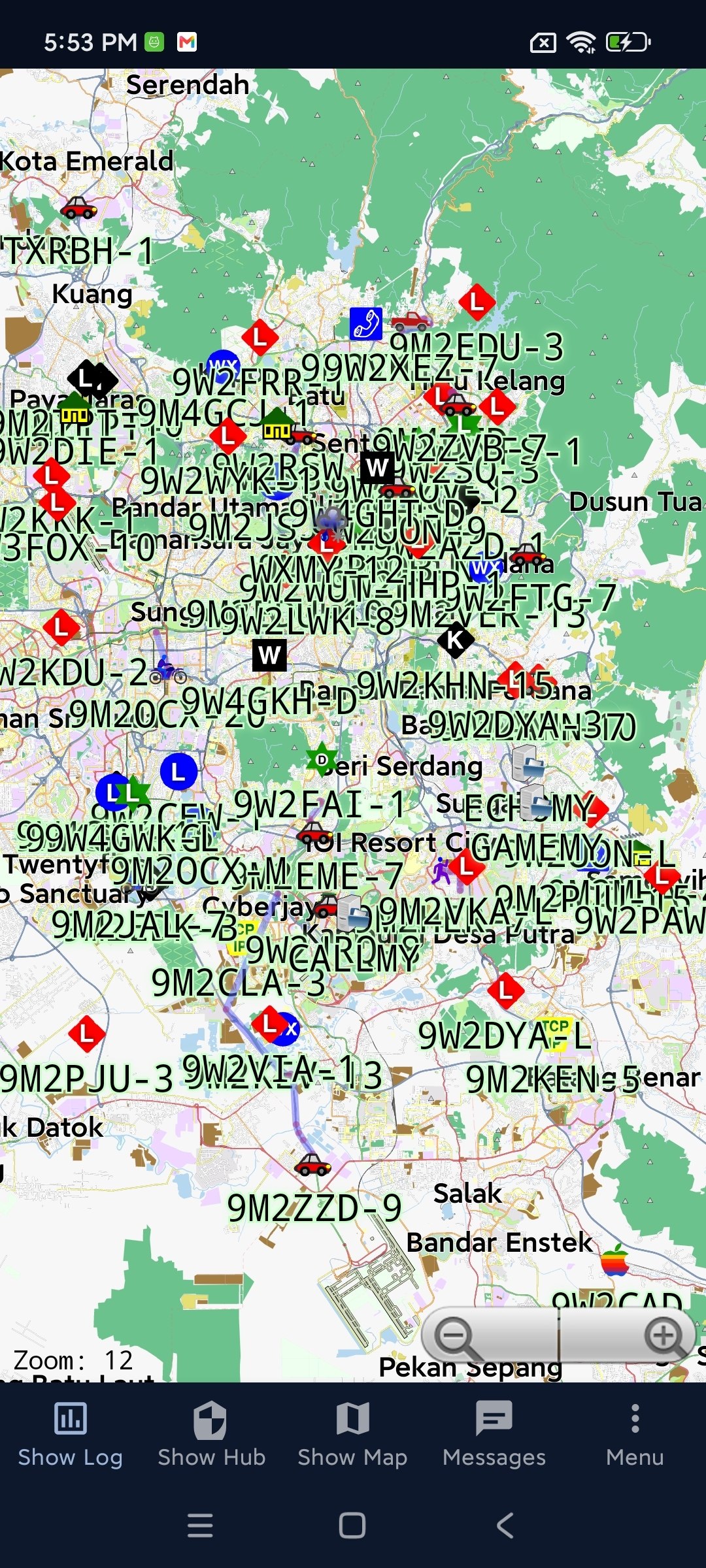 APRSdroid 9M2PJU Mod Map screen showing the offline OpenStreetMap view with stations plotted