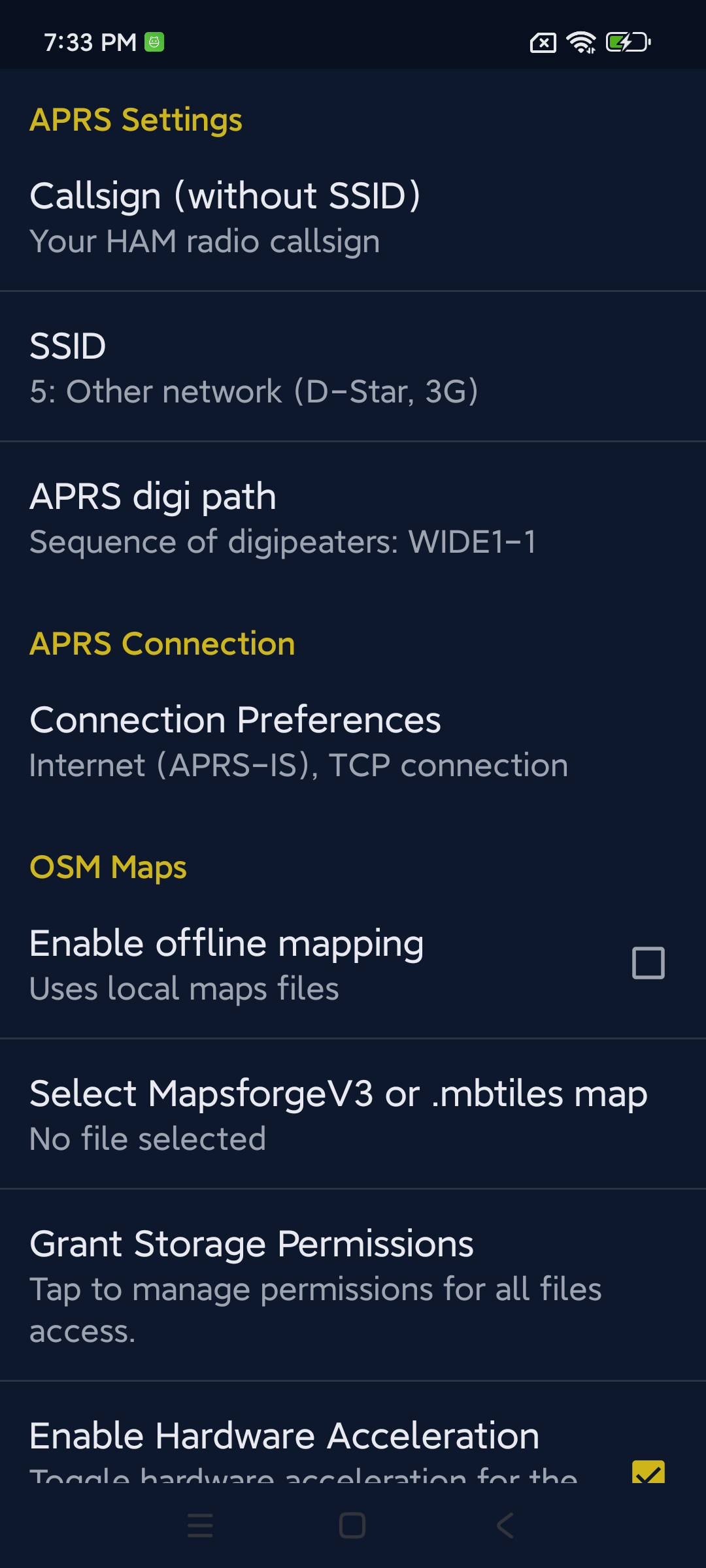 APRSdroid 9M2PJU Mod Preferences screen showing connection setup, callsign, passcode and OSM Maps settings